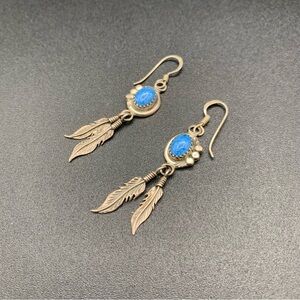 Denim Lapis Sterling Silver Feather Dangle Earrings Southwest Native